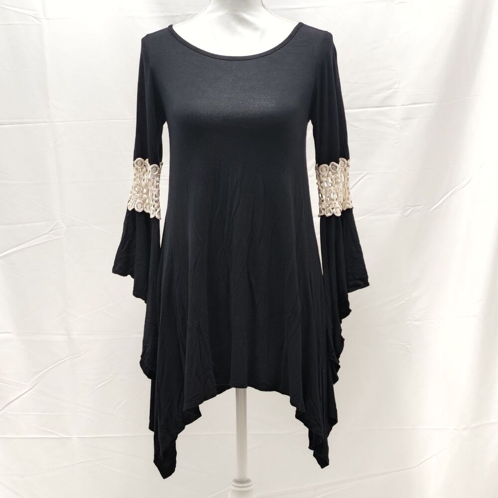 Lily Pad Womens Black Crochet Lace Bell Sleeve Witchy Gothic Sharkbite Tunic Top